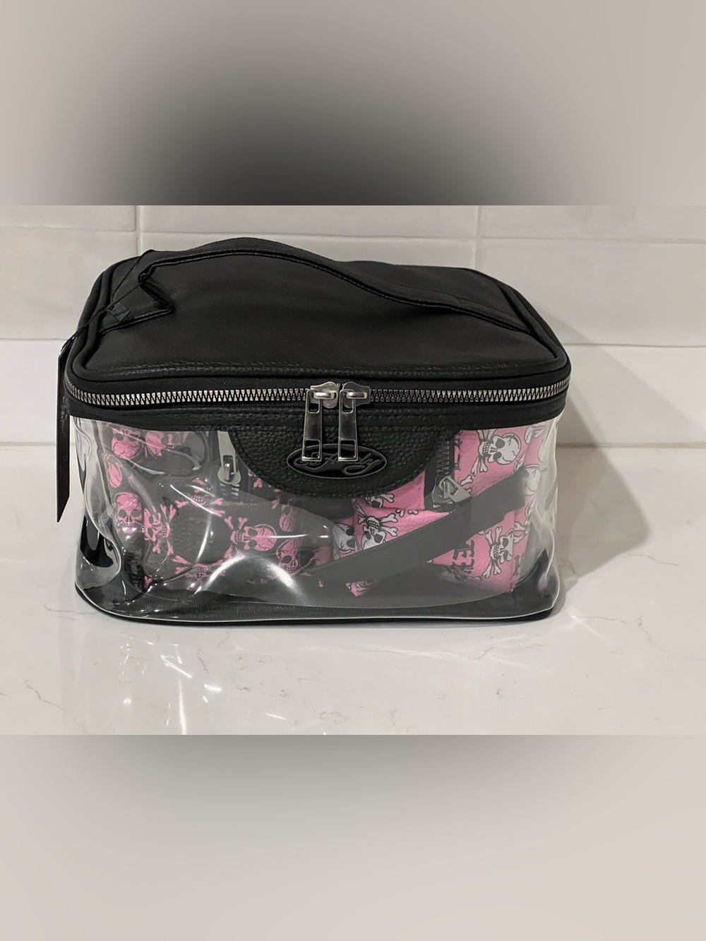 ED HARDY Pink Black SKULL Cosmetic Bag Set 3pc Travel Bathroom Makeup NWT Y2K